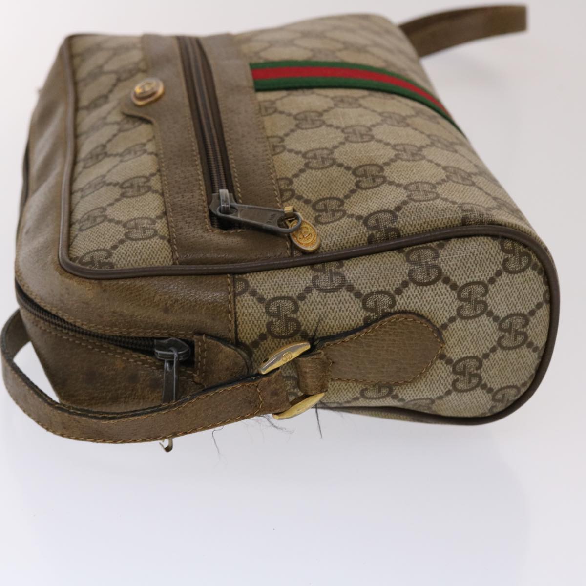 GUCCI GG Canvas Web Sherry Line Shoulder Bag PVC Leather Beige Green 48597