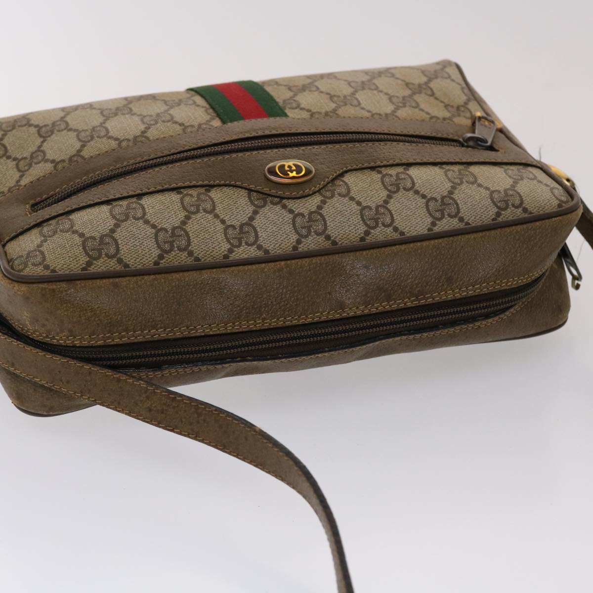GUCCI GG Canvas Web Sherry Line Shoulder Bag PVC Leather Beige Green 48597