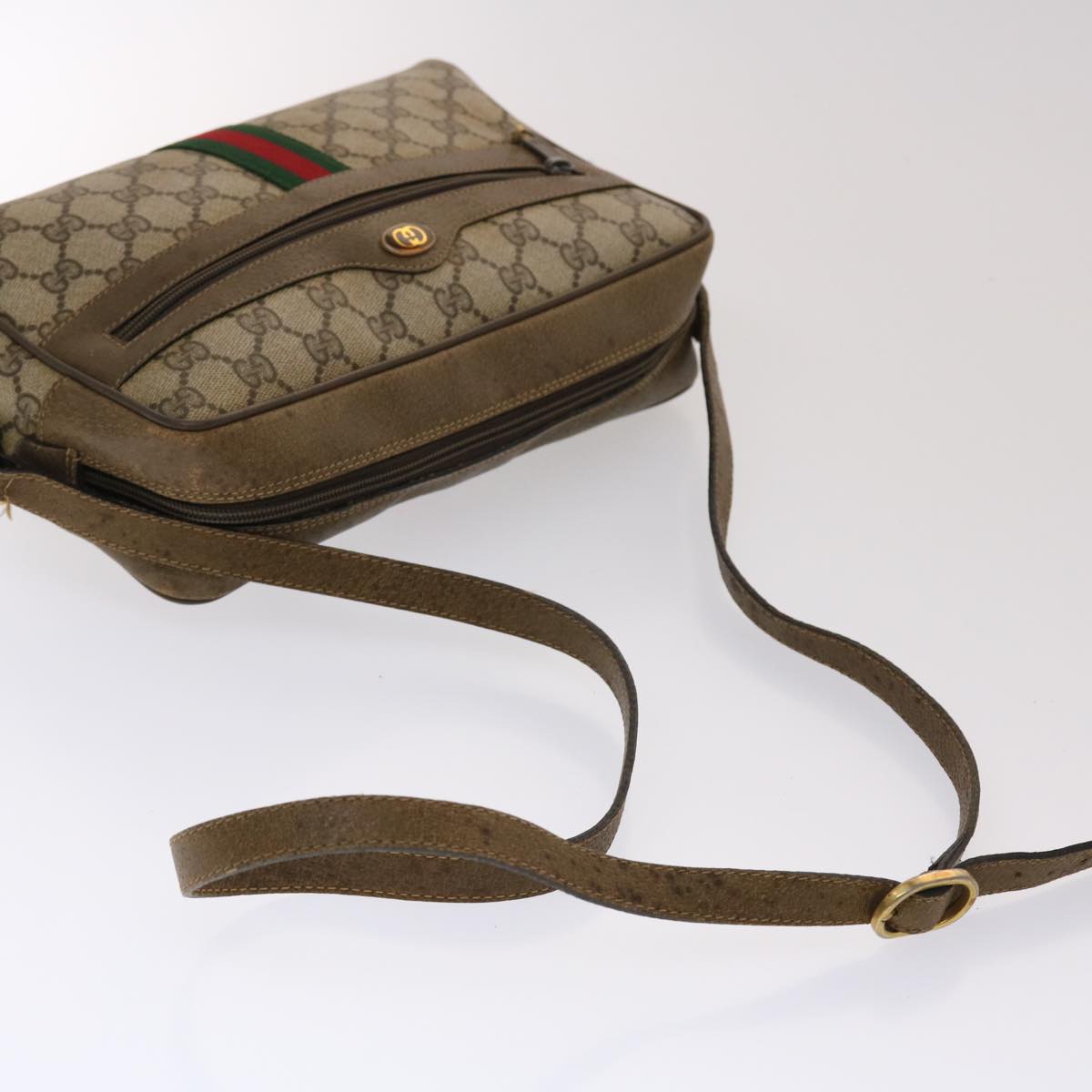 GUCCI GG Canvas Web Sherry Line Shoulder Bag PVC Leather Beige Green 48597