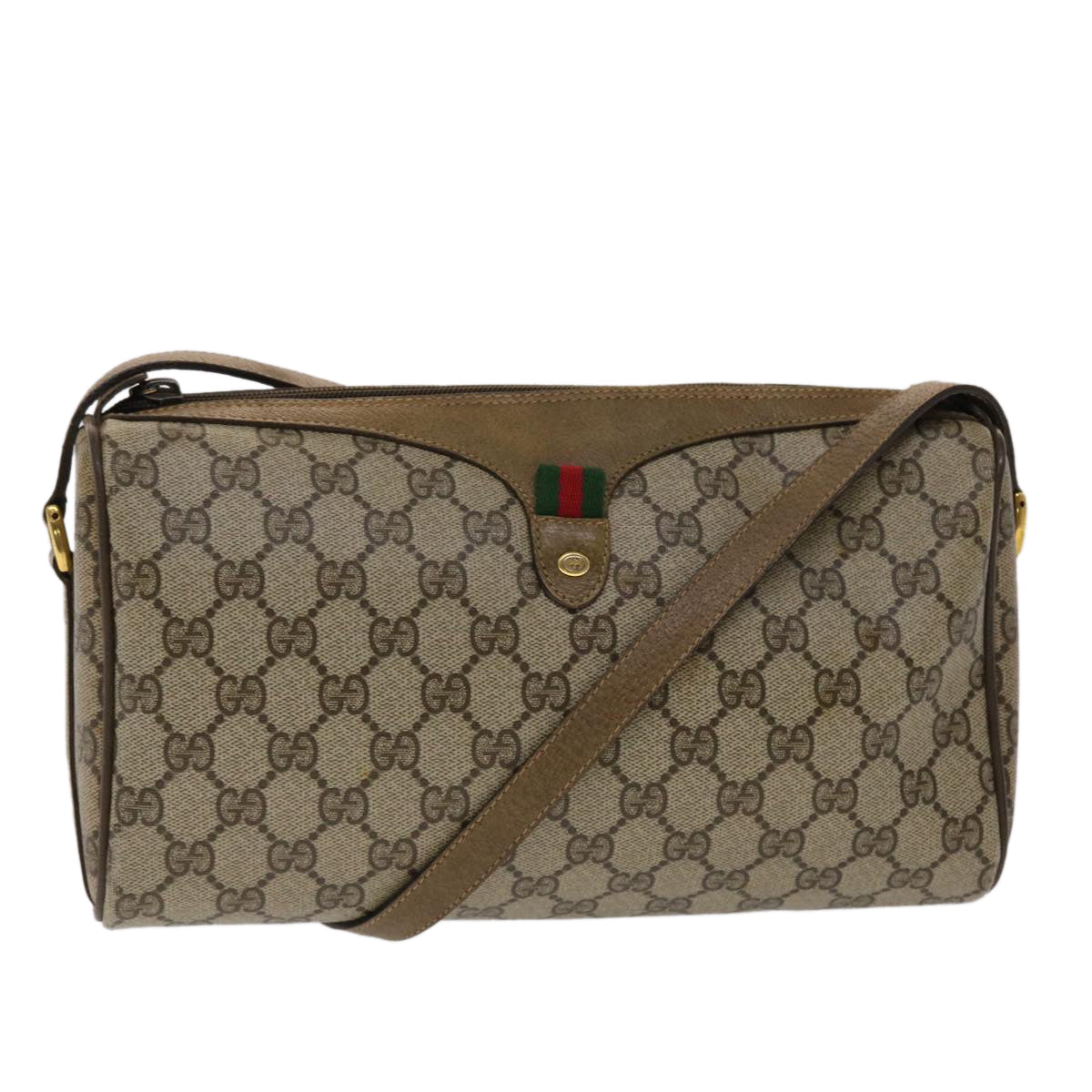 GUCCI GG Canvas Web Sherry Line Shoulder Bag PVC Leather Beige Green 48598