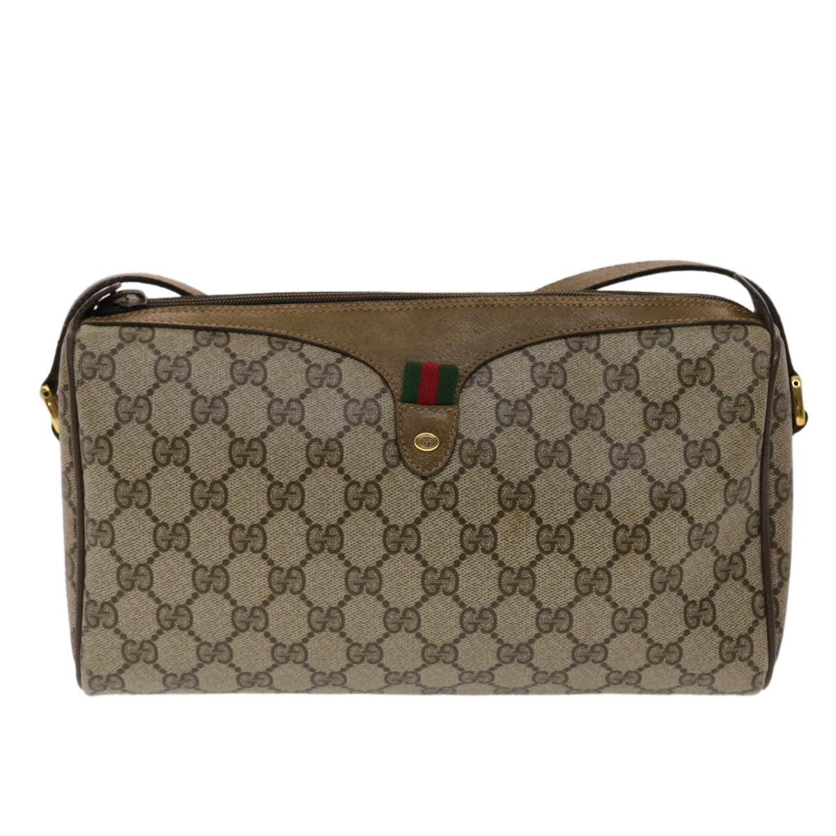 GUCCI GG Canvas Web Sherry Line Shoulder Bag PVC Leather Beige Green 48598