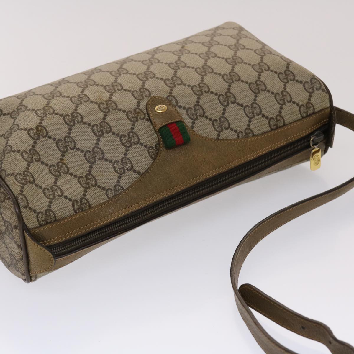 GUCCI GG Canvas Web Sherry Line Shoulder Bag PVC Leather Beige Green 48598