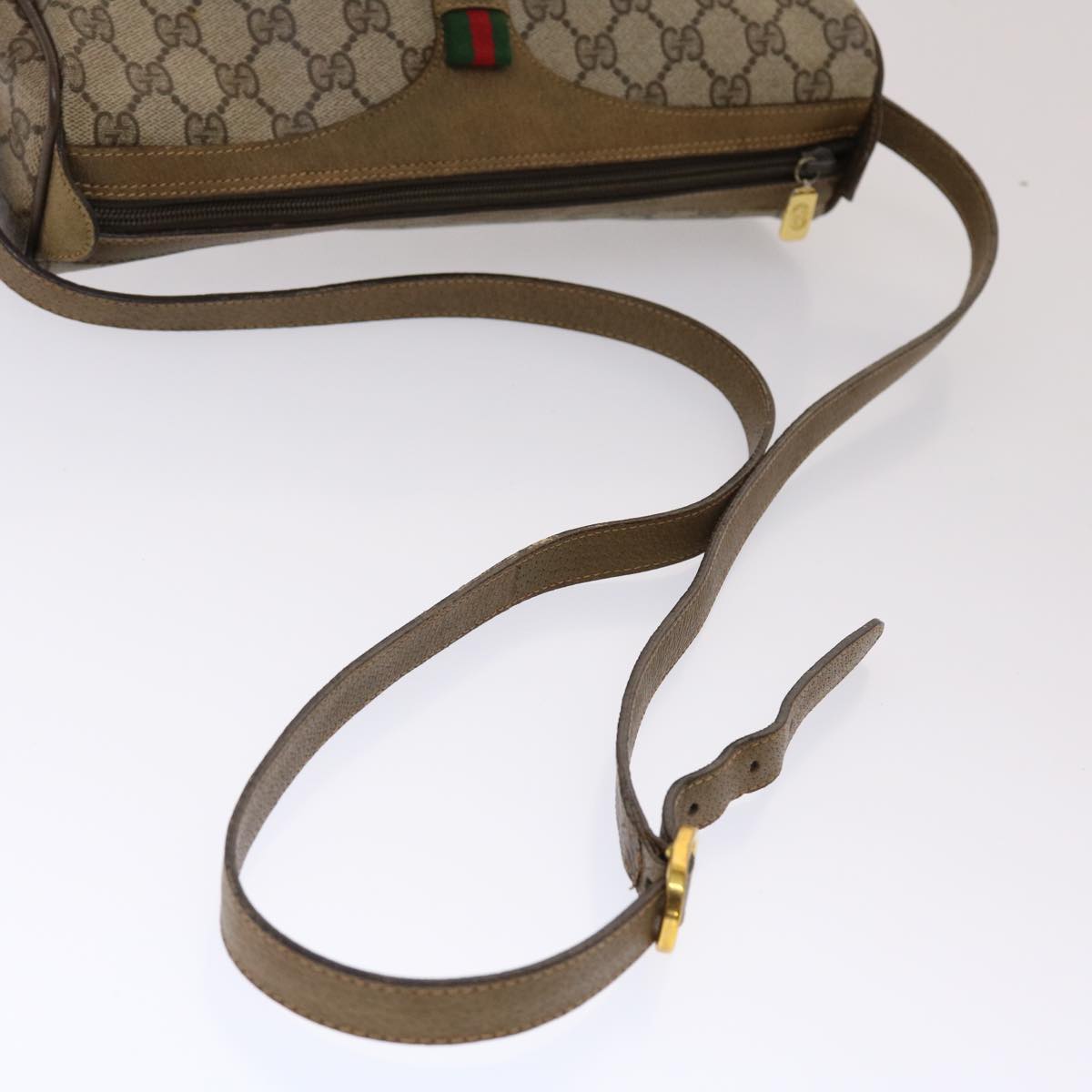 GUCCI GG Canvas Web Sherry Line Shoulder Bag PVC Leather Beige Green 48598