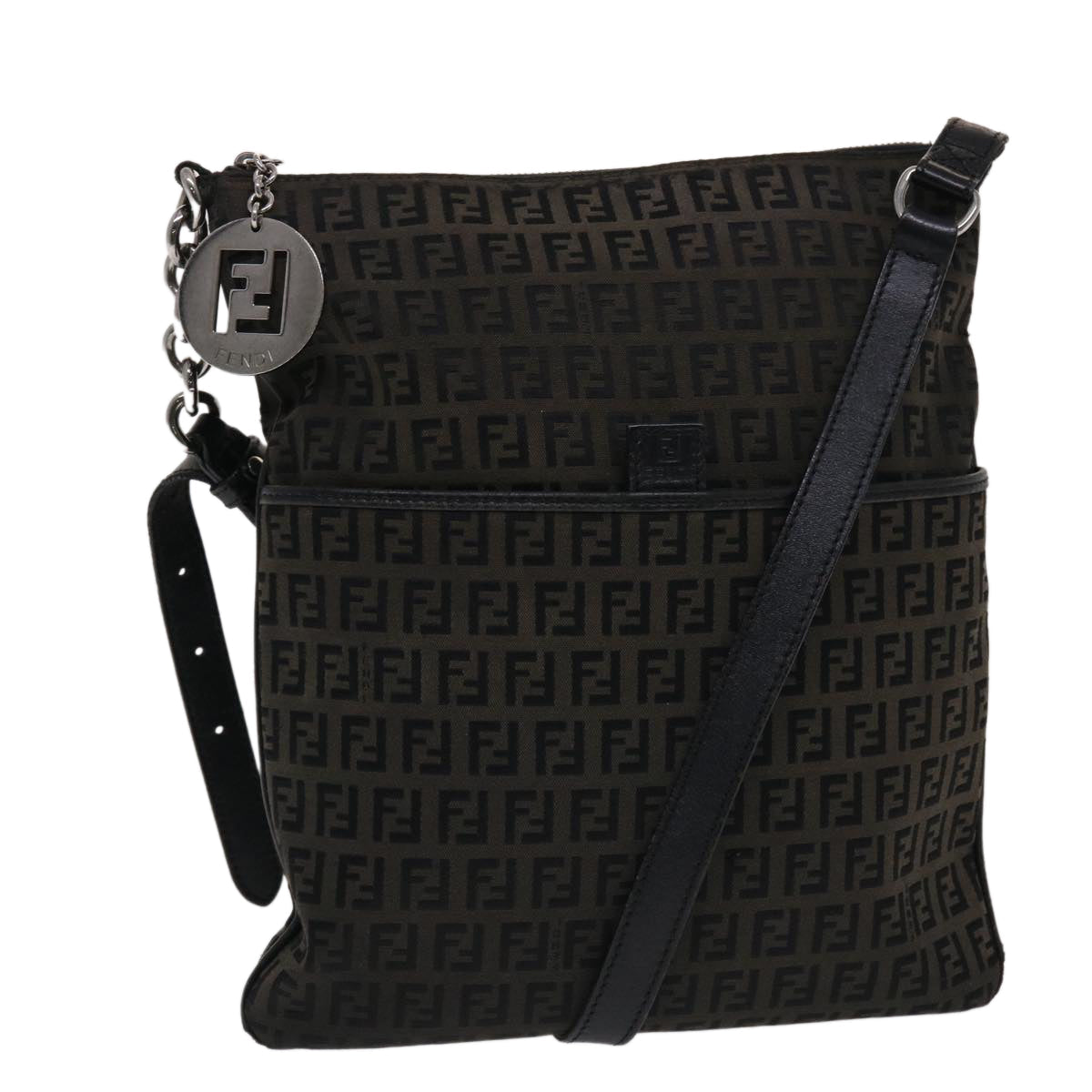 FENDI Zucchino Canvas Chain Shoulder Bag Black 49106