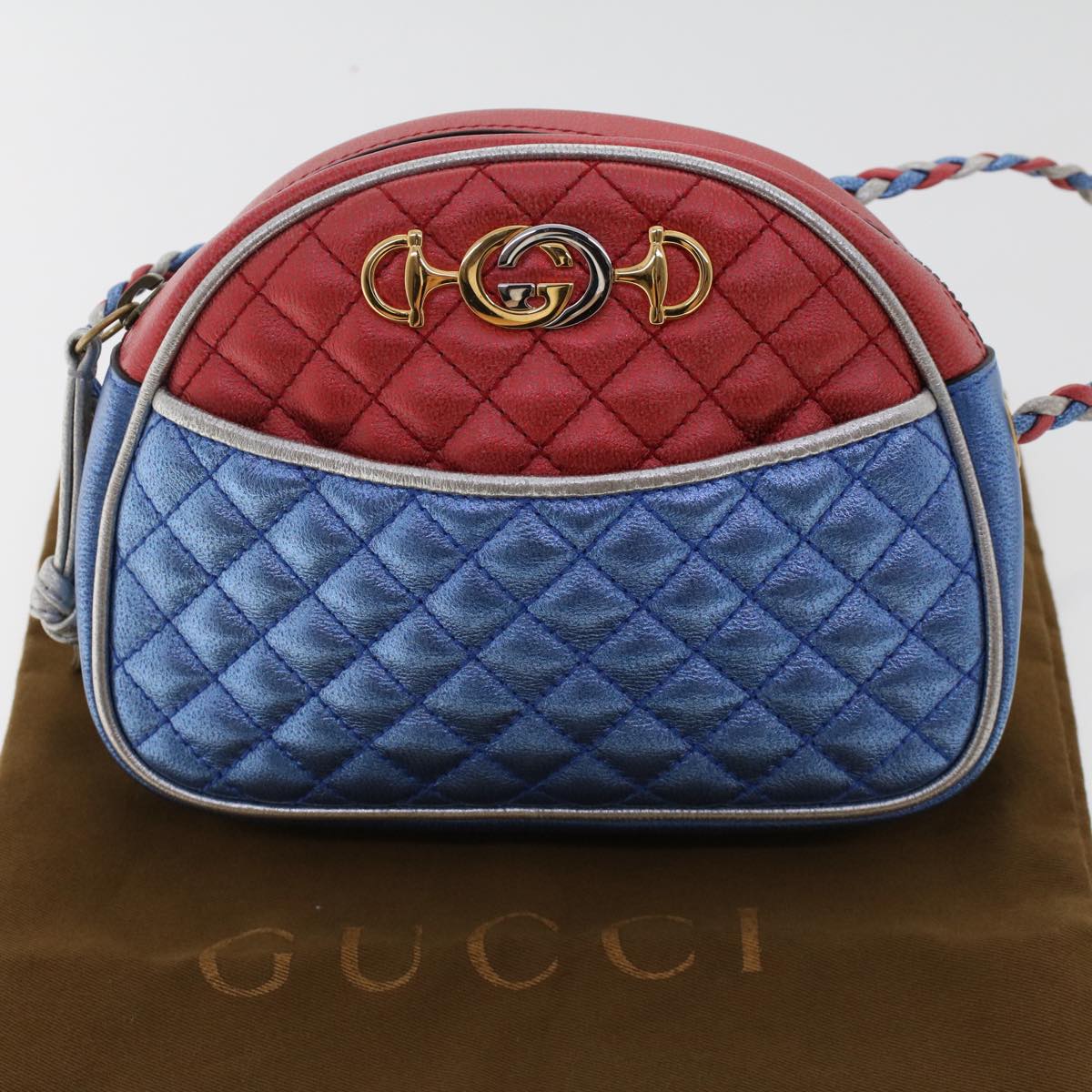 GUCCI Quilted Shoulder Bag Leather Red Blue 49168