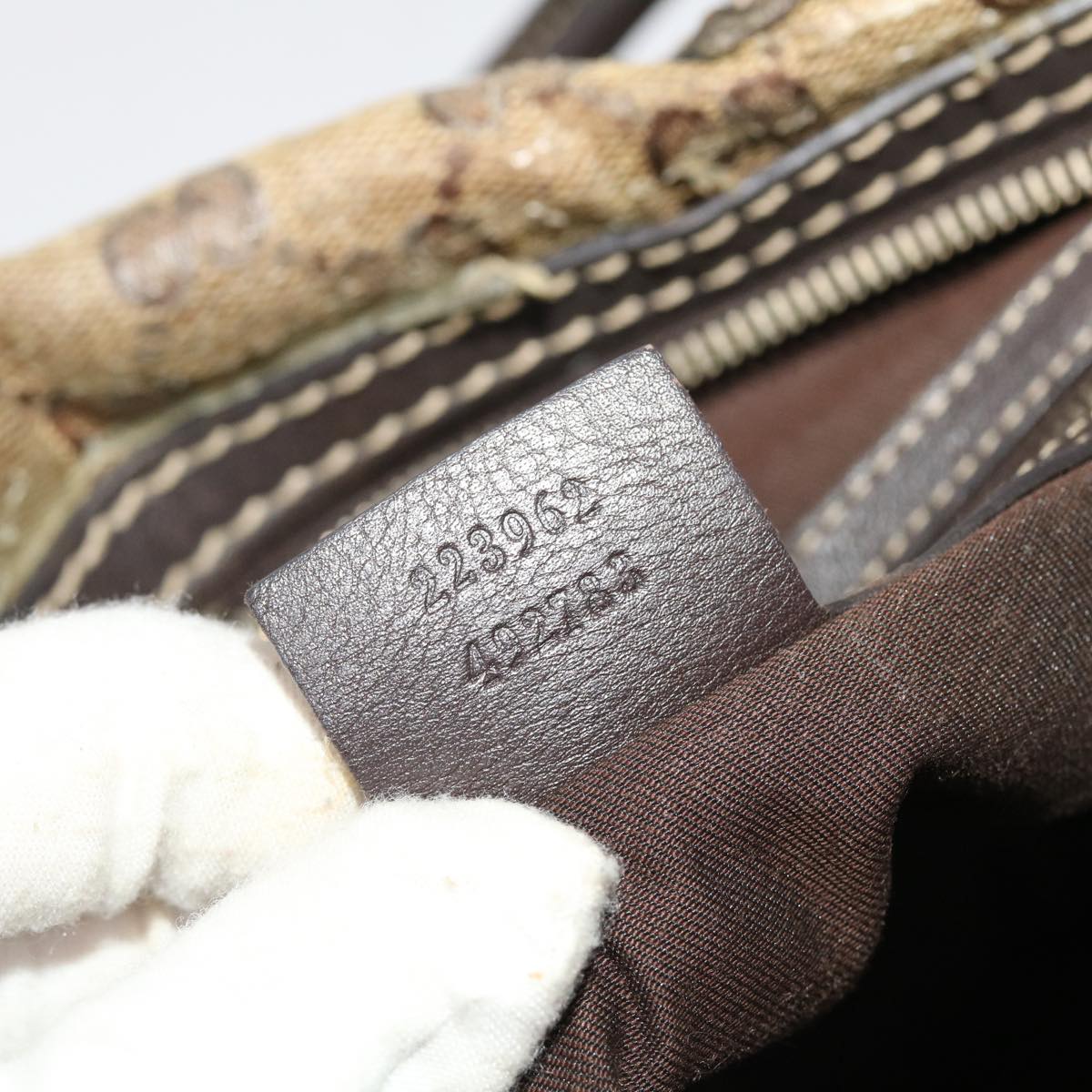 GUCCI GG Crystal Hand Bag Coated Canvas Beige Dark Brown 223962 49285