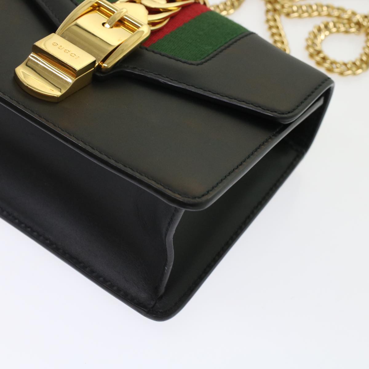 GUCCI Web Sherry Line Chain Silvi Shoulder Bag Leather Black 431666 49437A