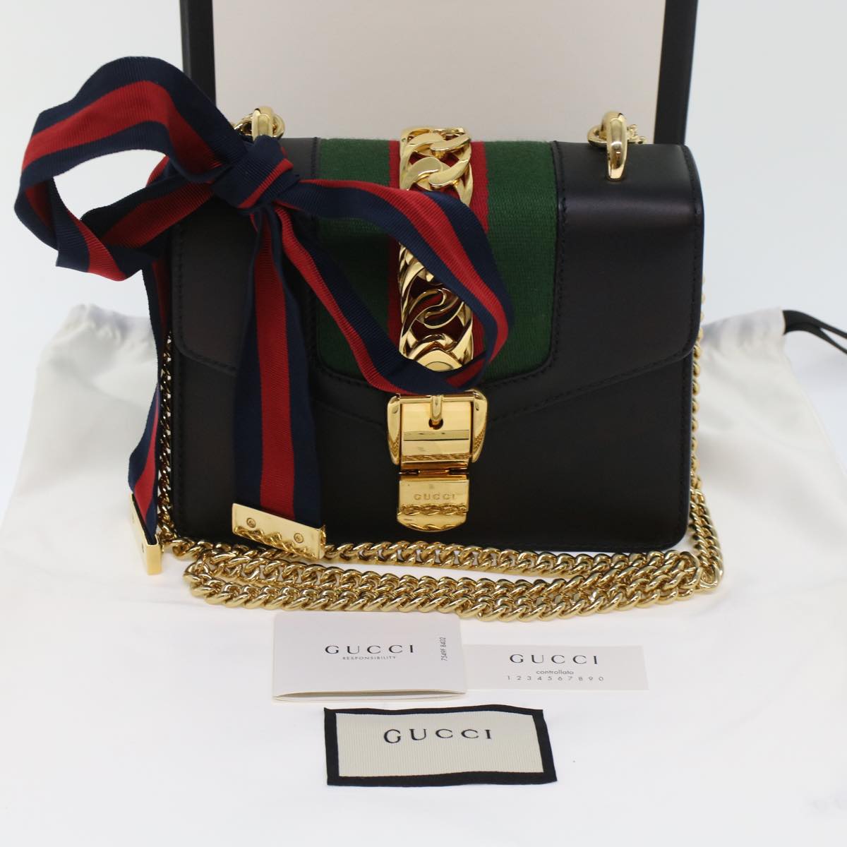 GUCCI Web Sherry Line Chain Silvi Shoulder Bag Leather Black 431666 49437A