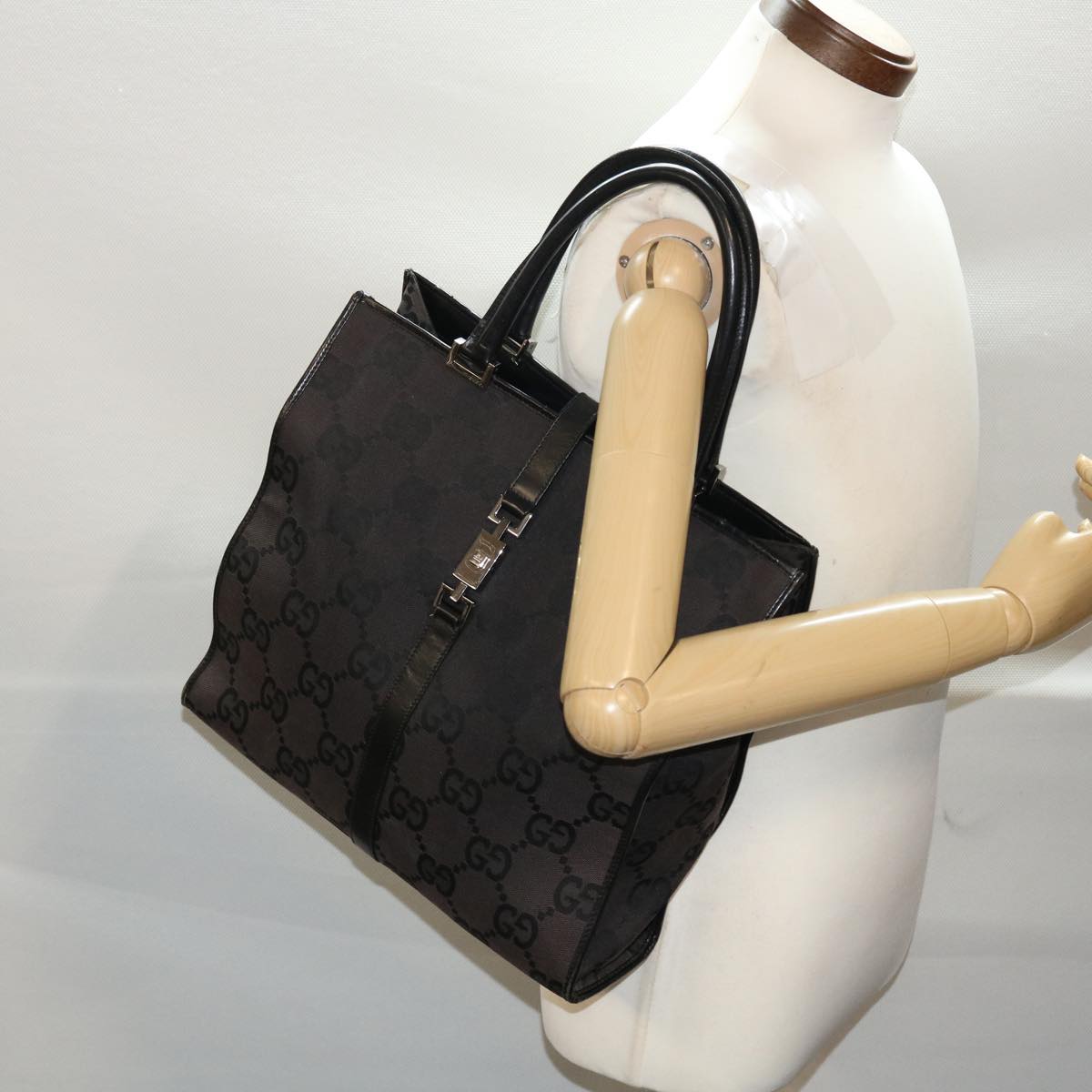 GUCCI GG Canvas Jackie Tote Bag Leather Black 00210643444 49600
