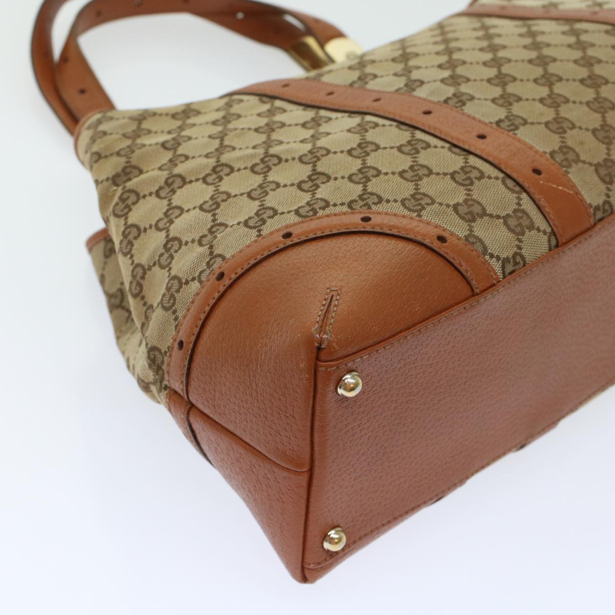 GUCCI GG Canvas Tote Bag Leather Beige 145769 49602