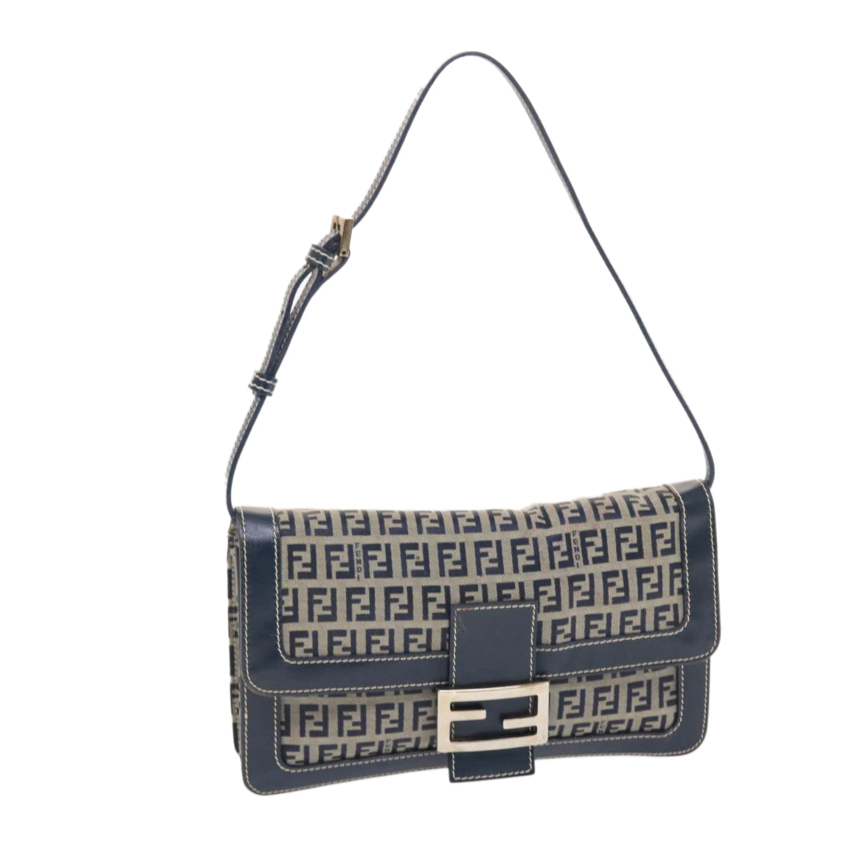 FENDI Zucchino Canvas Mamma Baguette Shoulder Bag Navy 49779
