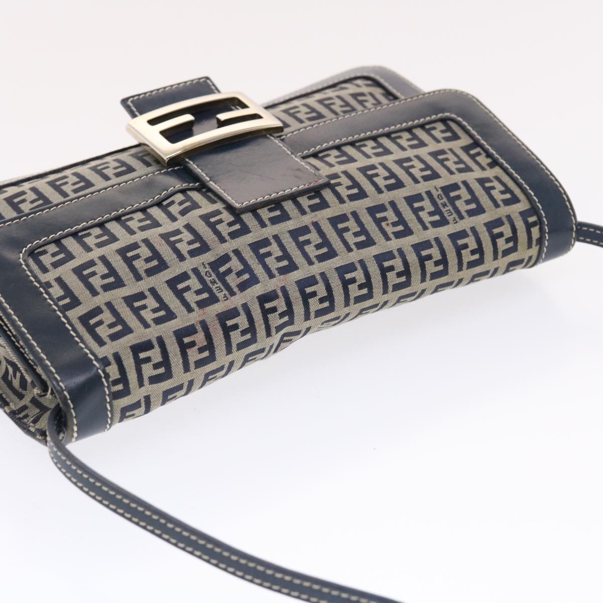 FENDI Zucchino Canvas Mamma Baguette Shoulder Bag Navy 49779
