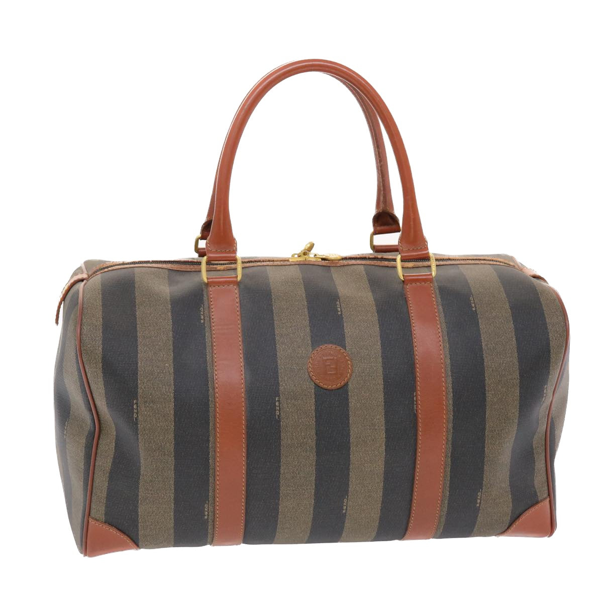 FENDI Pecan Canvas Boston Bag PVC Leather Brown Black 49995