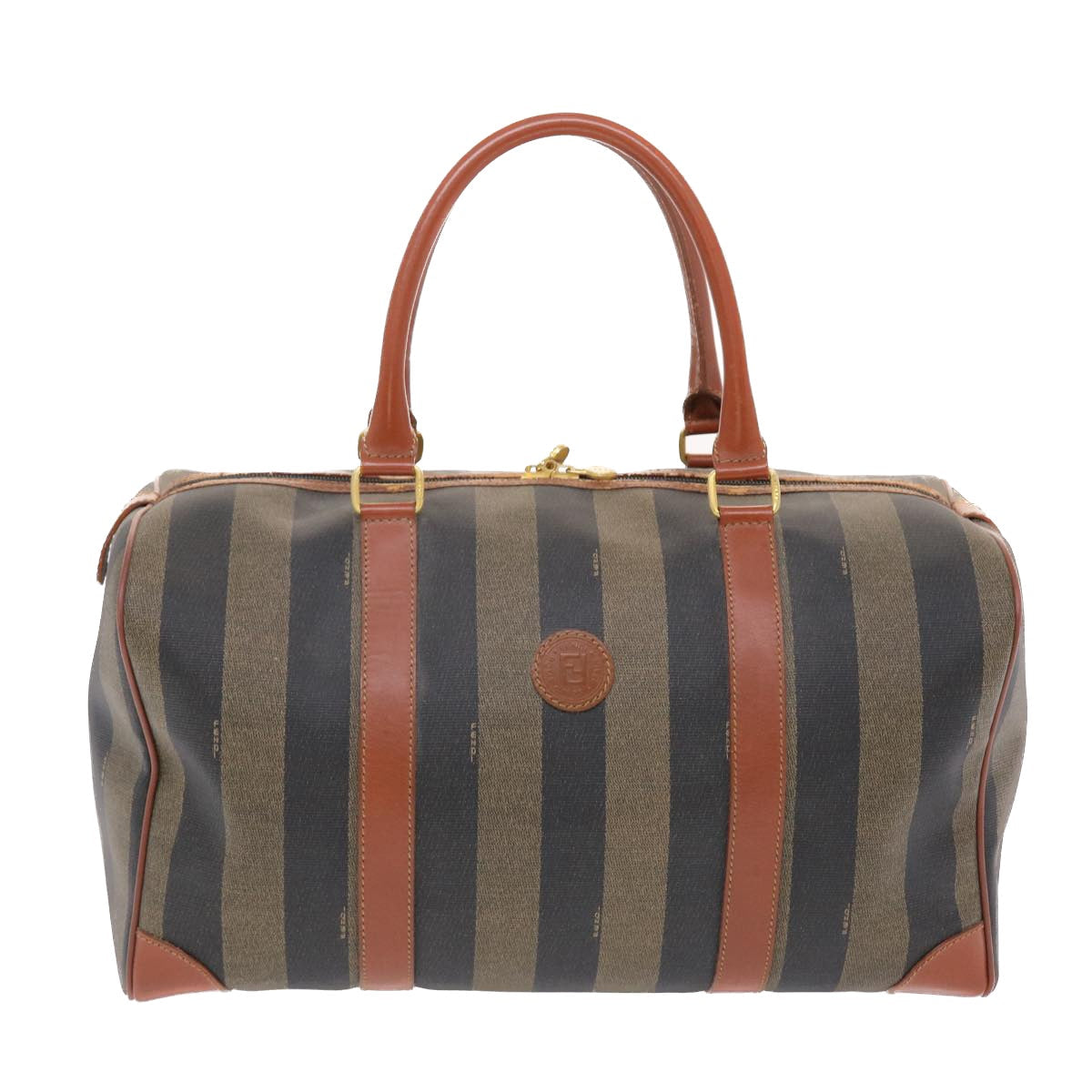 FENDI Pecan Canvas Boston Bag PVC Leather Brown Black 49995