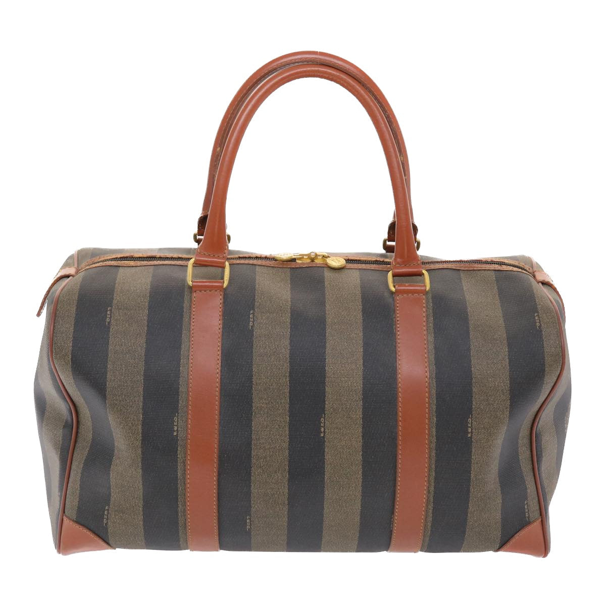 FENDI Pecan Canvas Boston Bag PVC Leather Brown Black 49995