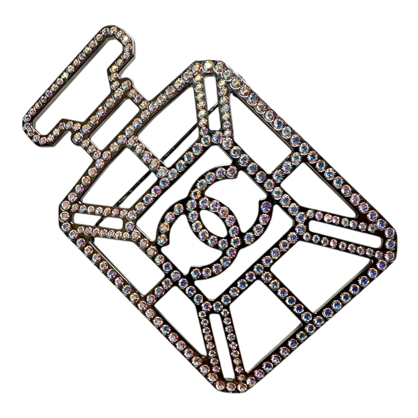 Chanel Ruthenium Crystal Perfume Bottle CC Brooch Iridescent Blue