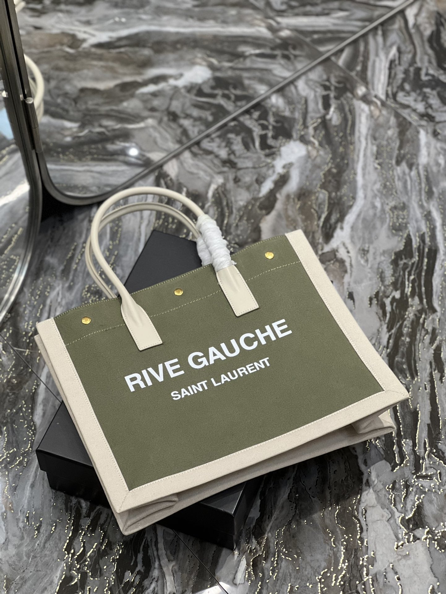 GLAMI Rive Gauche Small Tote Bag In Linen Military Green For Women 15.4in/39cm YSL 617481FAAGLAMI3281