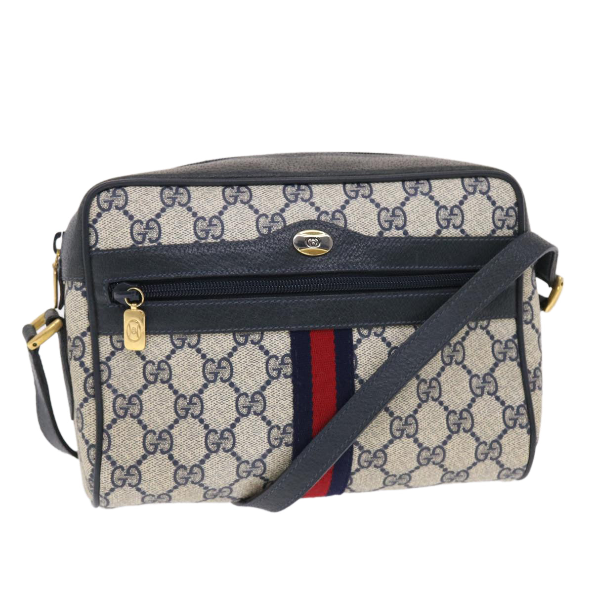 GUCCI GG Canvas Sherry Line Shoulder Bag PVC Leather Navy Red 50164