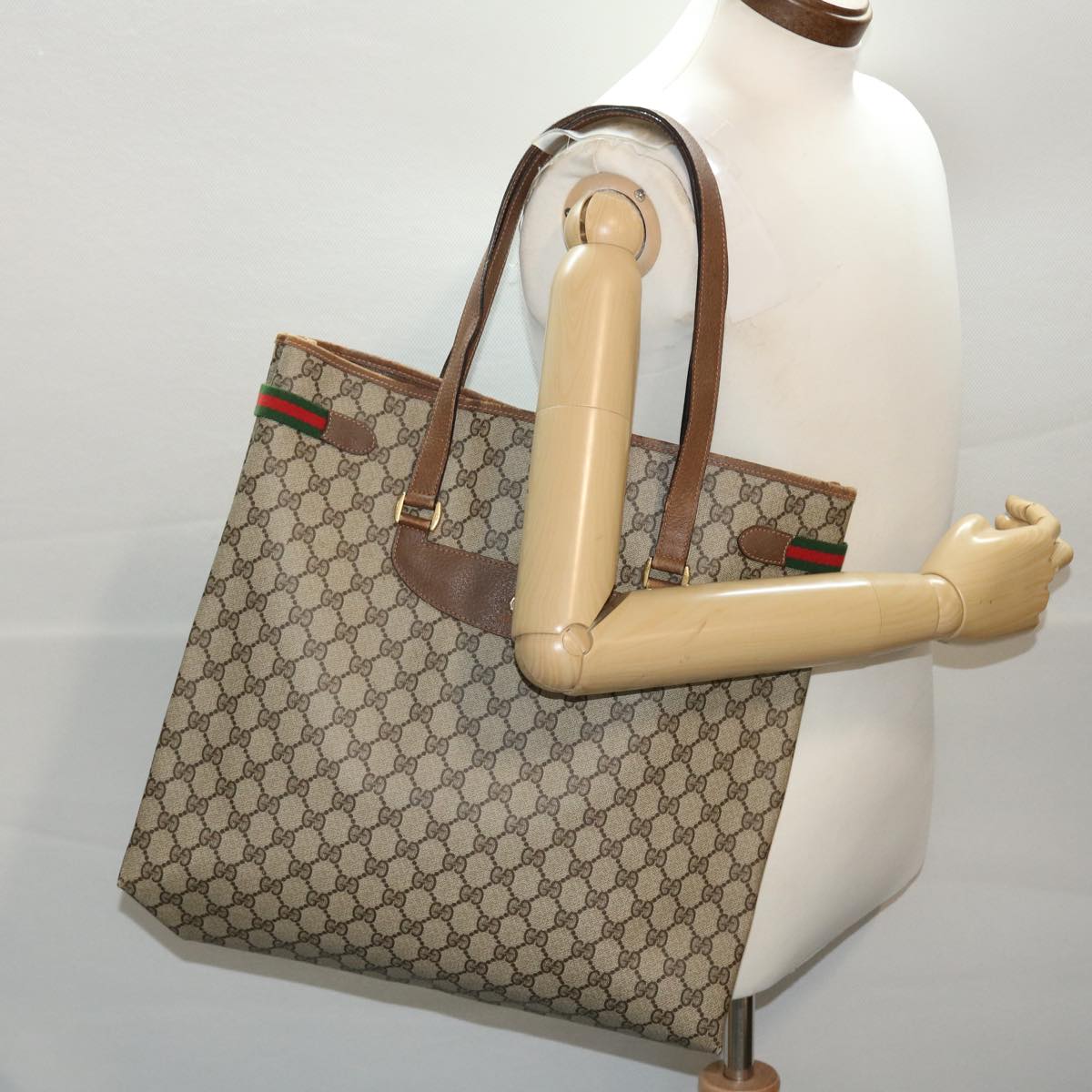 GUCCI GG Canvas Web Sherry Line Tote Bag PVC Leather Beige Red Green 50177