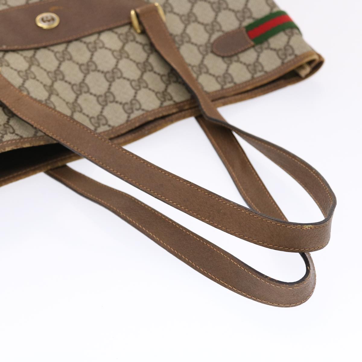 GUCCI GG Canvas Web Sherry Line Tote Bag PVC Leather Beige Red Green 50177