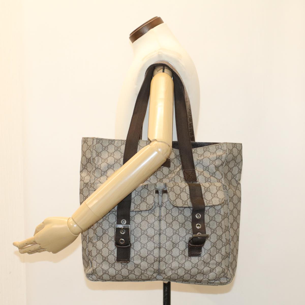 GUCCI GG Canvas Tote Bag PVC Leather Beige Brown 50178
