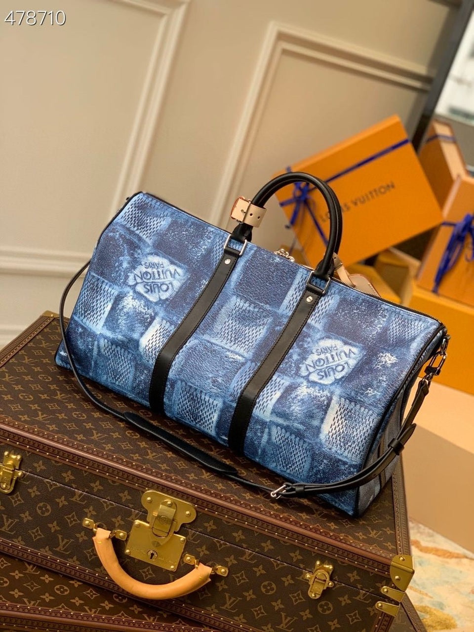 LV Keepall Bandouliere 50 Damier Salt Canvas OGLAMIan Blue For Men, Bags, Travel Bags 19.7in/50cm LV N50059