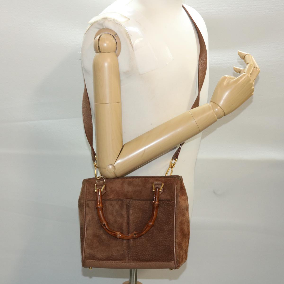 GUCCI Bamboo Hand Bag Suede 2way Brown 50264