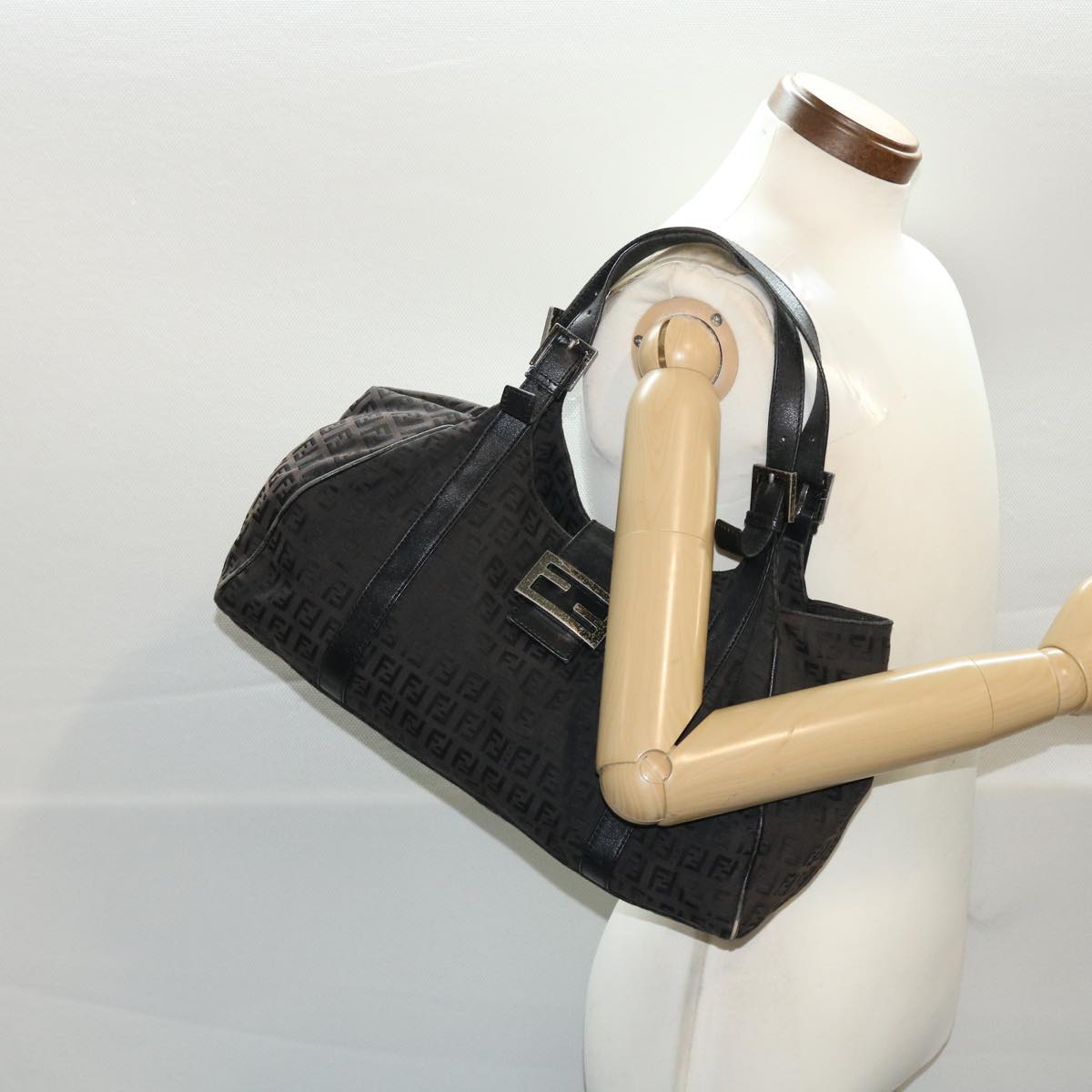 FENDI Zucchino Canvas Mamma Baguette Shoulder Bag Nylon Black 50423