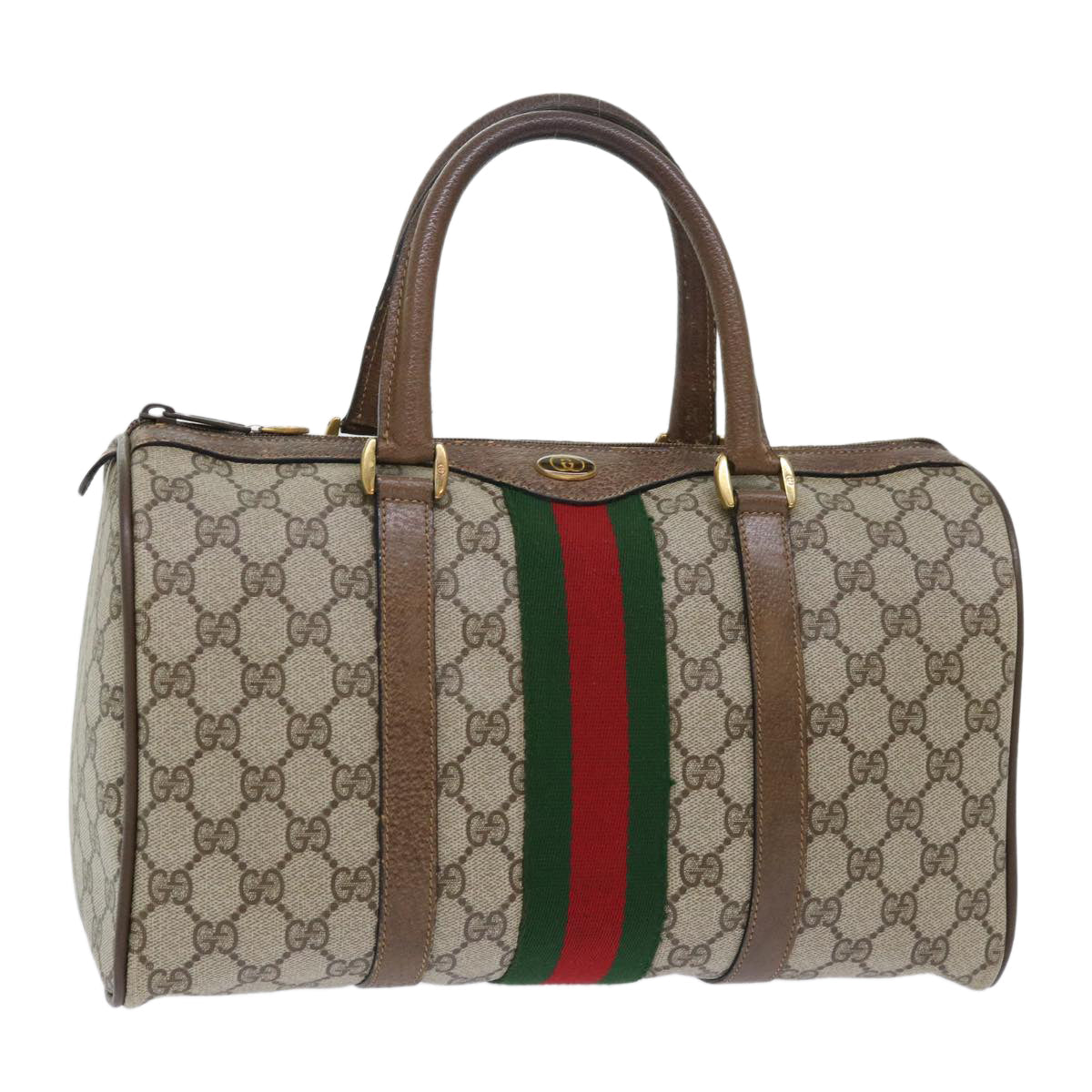 GUCCI GG Canvas Web Sherry Line Boston Bag PVC Leather Beige Red 50516