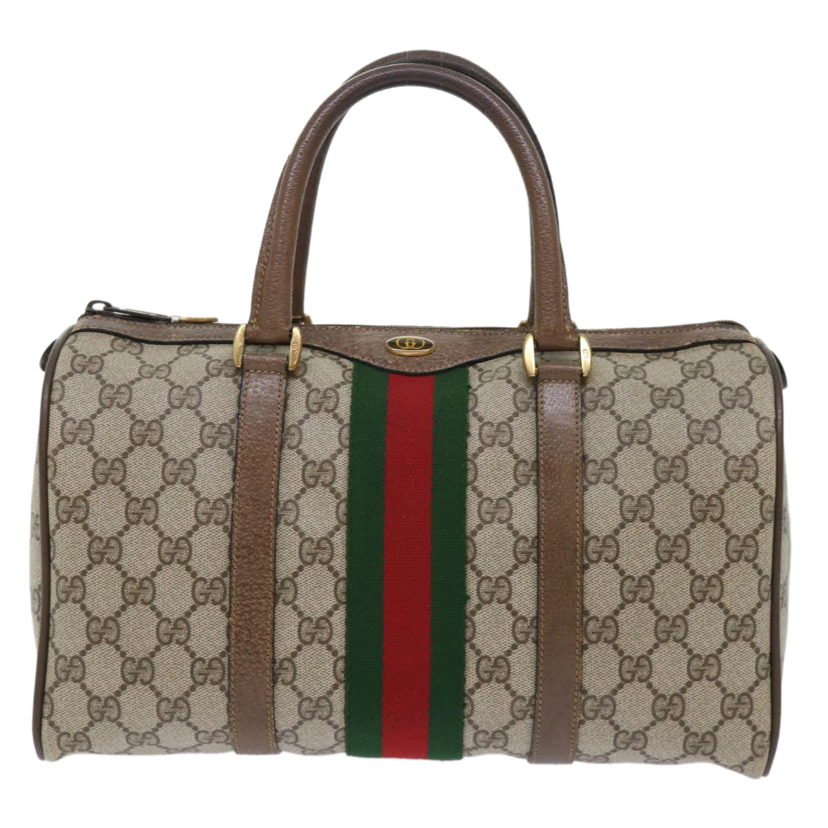 GUCCI GG Canvas Web Sherry Line Boston Bag PVC Leather Beige Red 50516