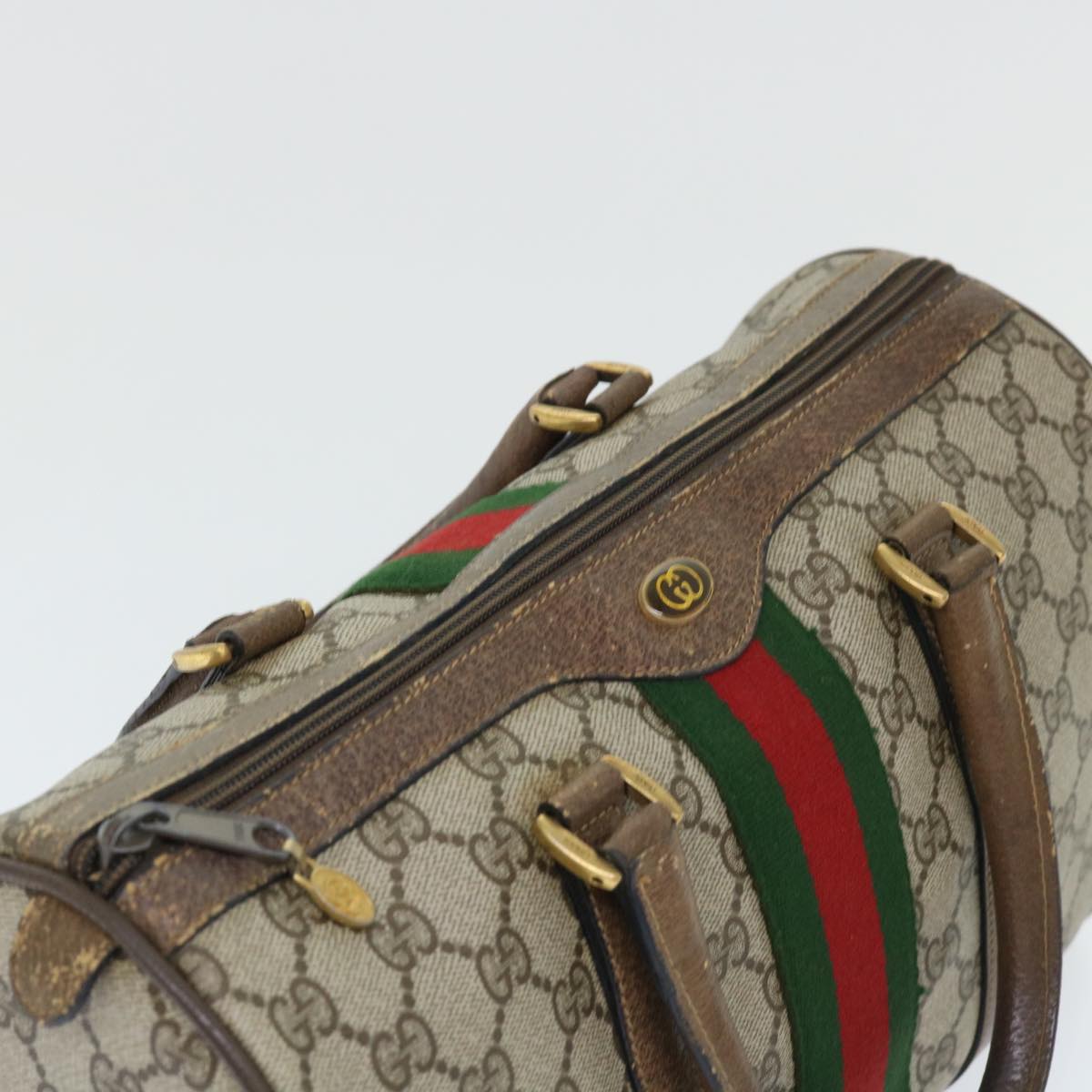 GUCCI GG Canvas Web Sherry Line Boston Bag PVC Leather Beige Red 50516