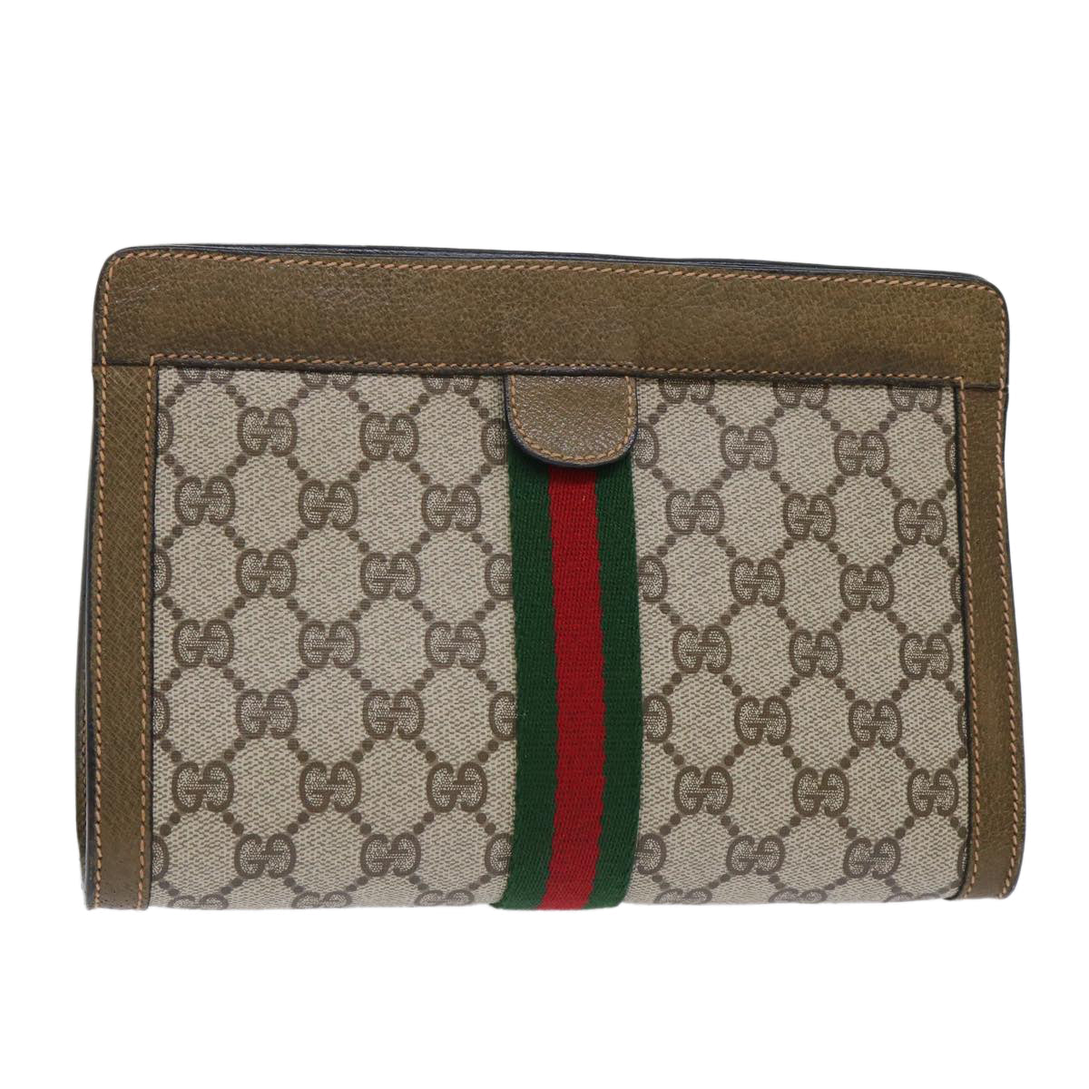 GUCCI GG Canvas Web Sherry Line Clutch Bag PVC Leather Beige Red 50523