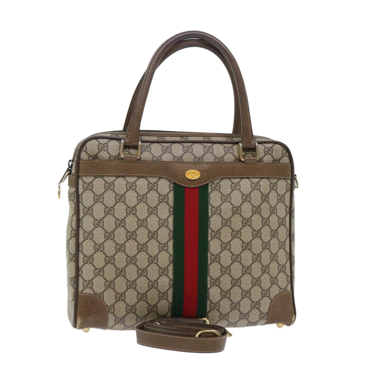 GUCCI GG Canvas Web Sherry Line Hand Bag PVC Leather 2way Beige Red 50529
