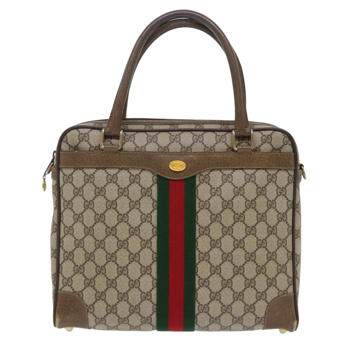 GUCCI GG Canvas Web Sherry Line Hand Bag PVC Leather 2way Beige Red 50529