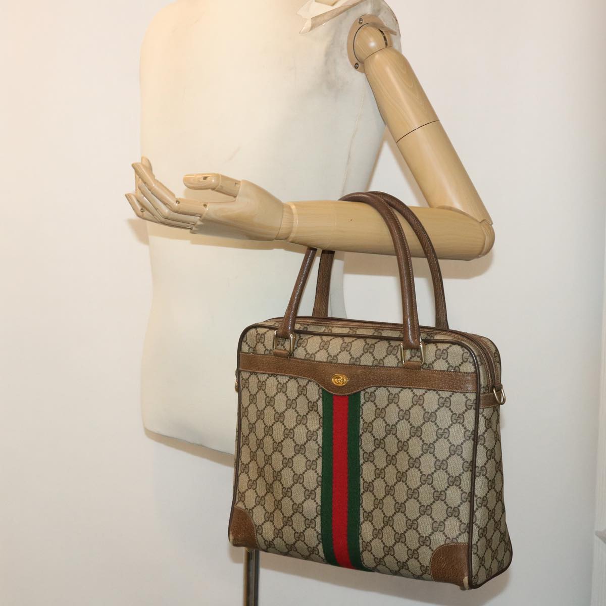 GUCCI GG Canvas Web Sherry Line Hand Bag PVC Leather 2way Beige Red 50529