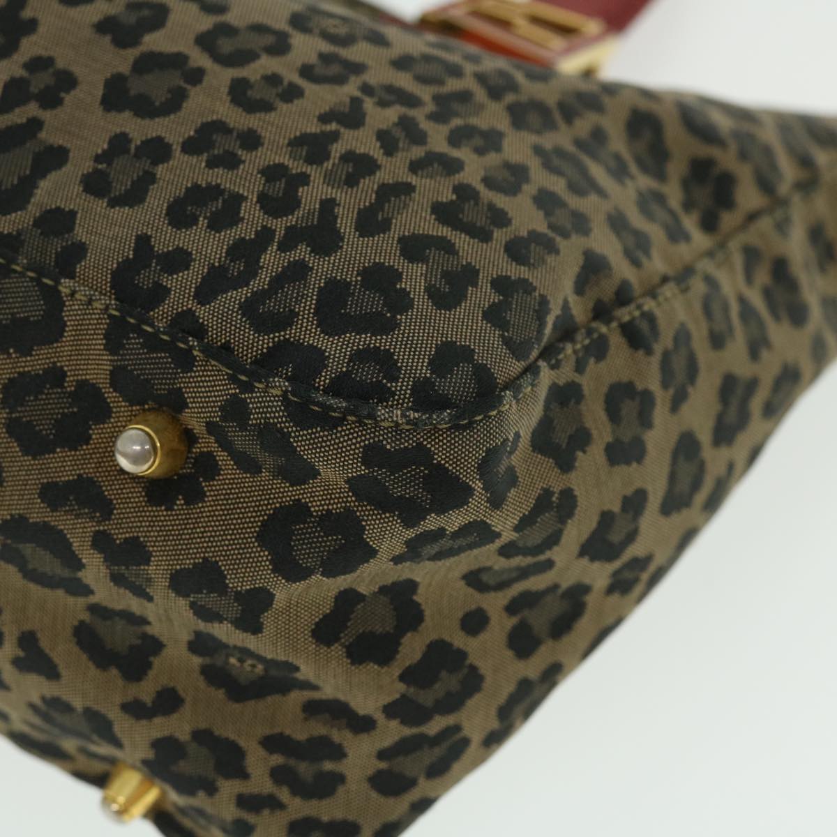 FENDI Leopard Hand Bag Nylon Leather Brown Red 50533