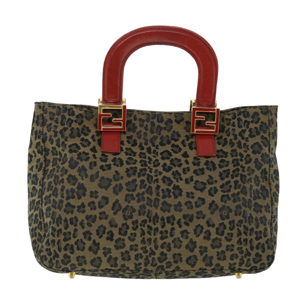 FENDI Leopard Hand Bag Nylon Leather Brown Red 50533