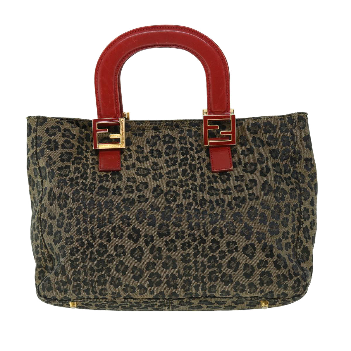 FENDI Leopard Hand Bag Nylon Leather Brown Red 50533