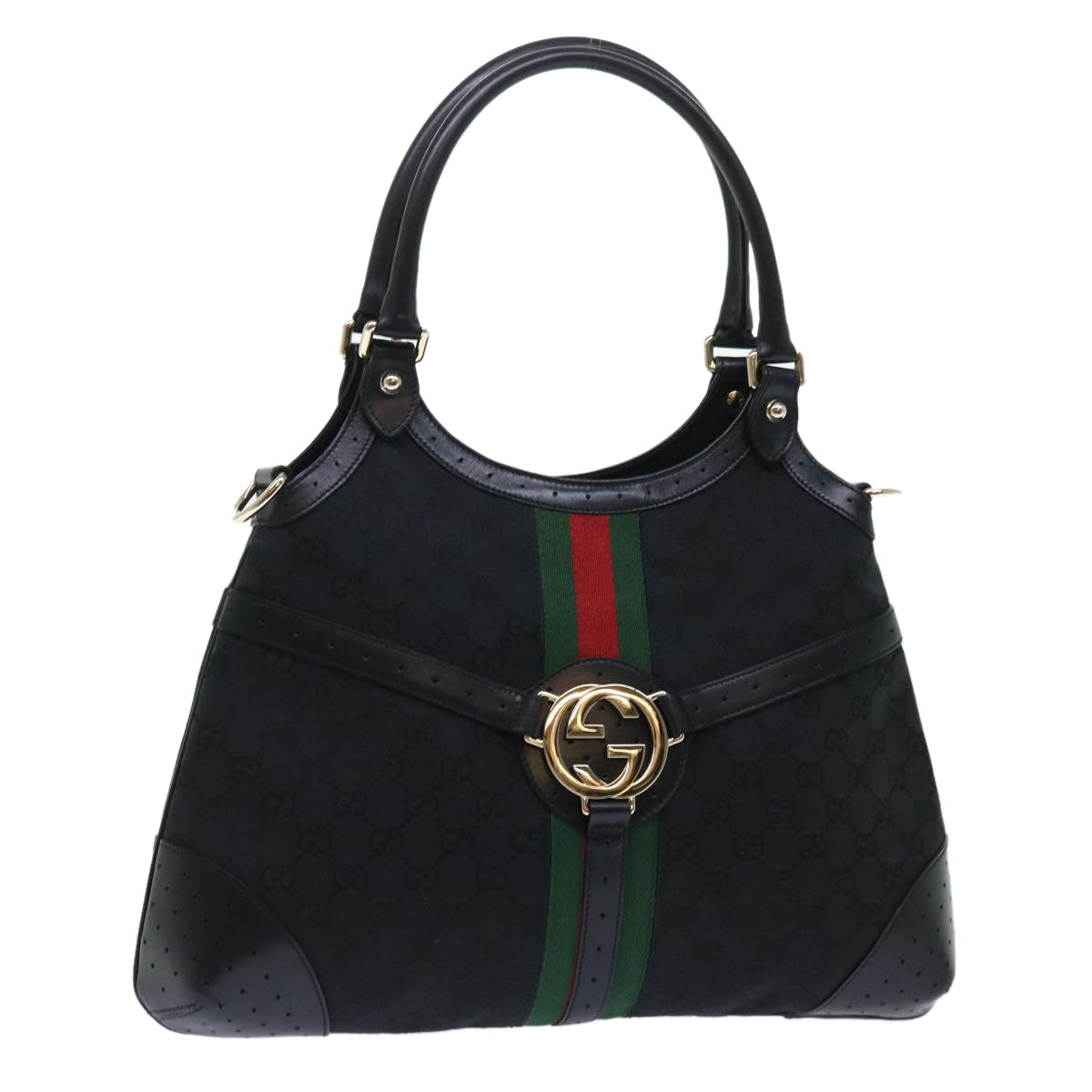 GUCCI GG Canvas Interlocking Web Sherry Line Shoulder Bag Black 50554