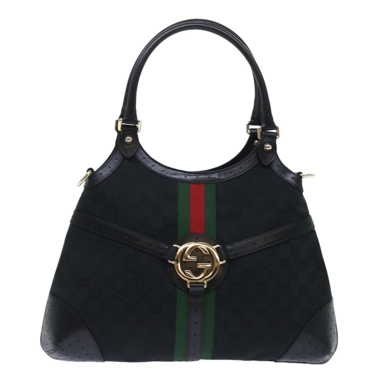 GUCCI GG Canvas Interlocking Web Sherry Line Shoulder Bag Black 50554