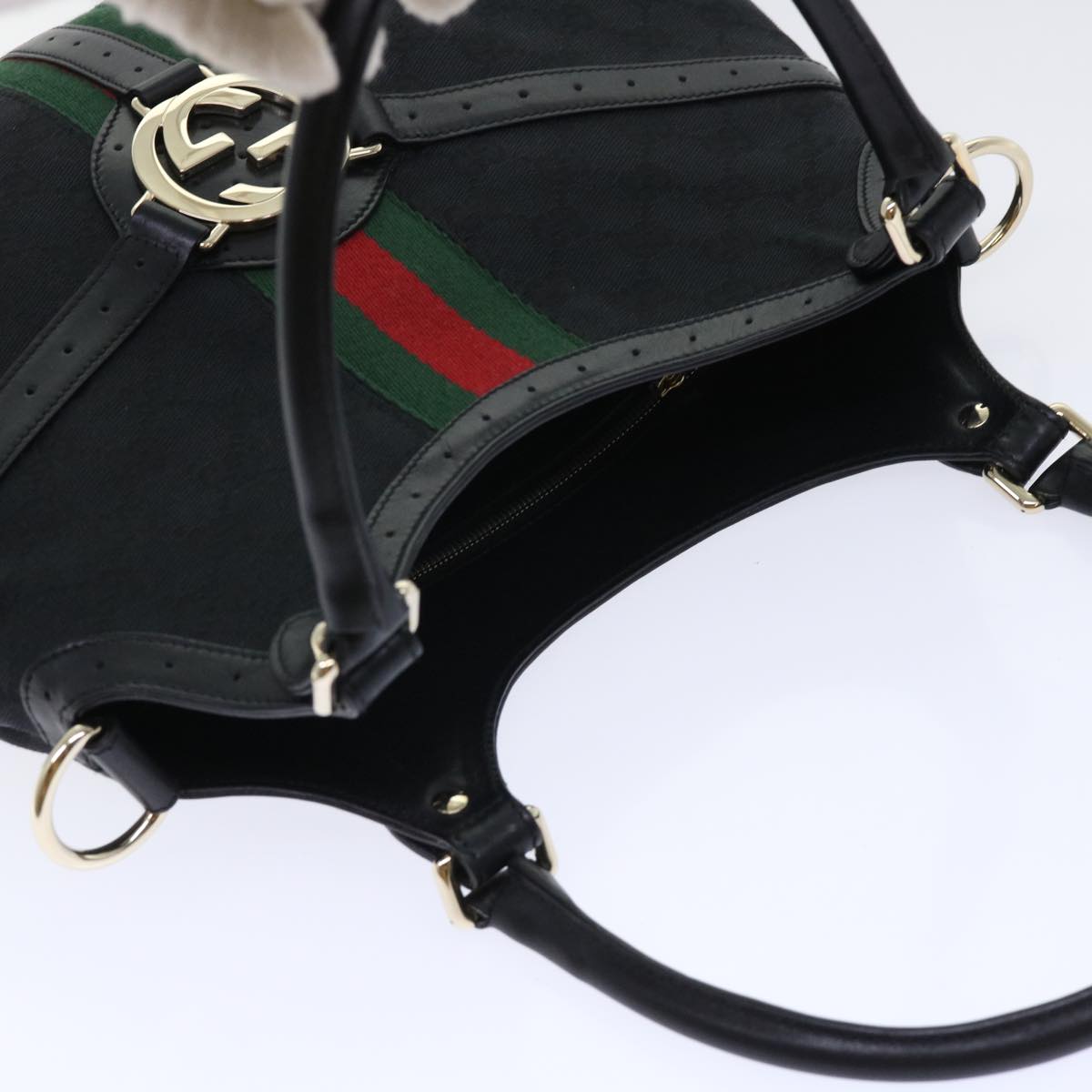 GUCCI GG Canvas Interlocking Web Sherry Line Shoulder Bag Black 50554