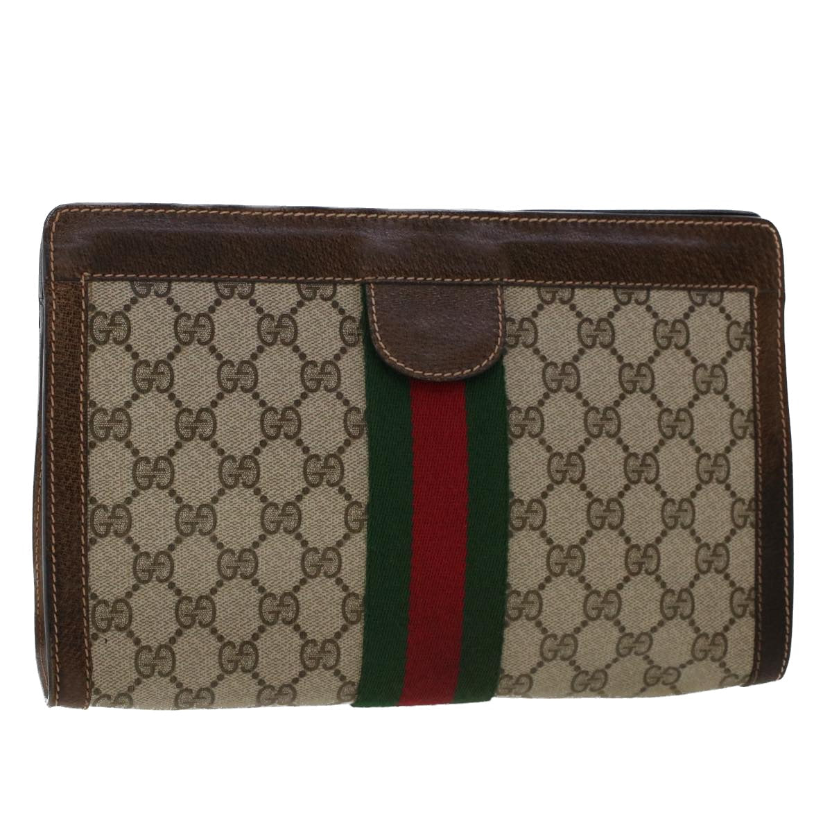 GUCCI GG Canvas Web Sherry Line Clutch Bag PVC Leather Beige Red 50560
