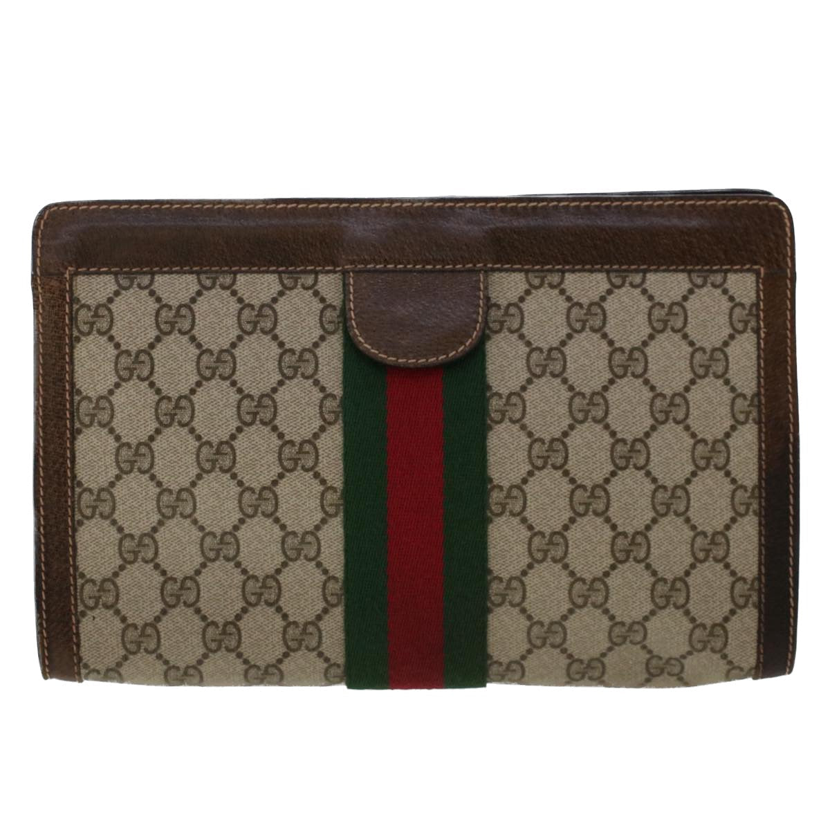 GUCCI GG Canvas Web Sherry Line Clutch Bag PVC Leather Beige Red 50560