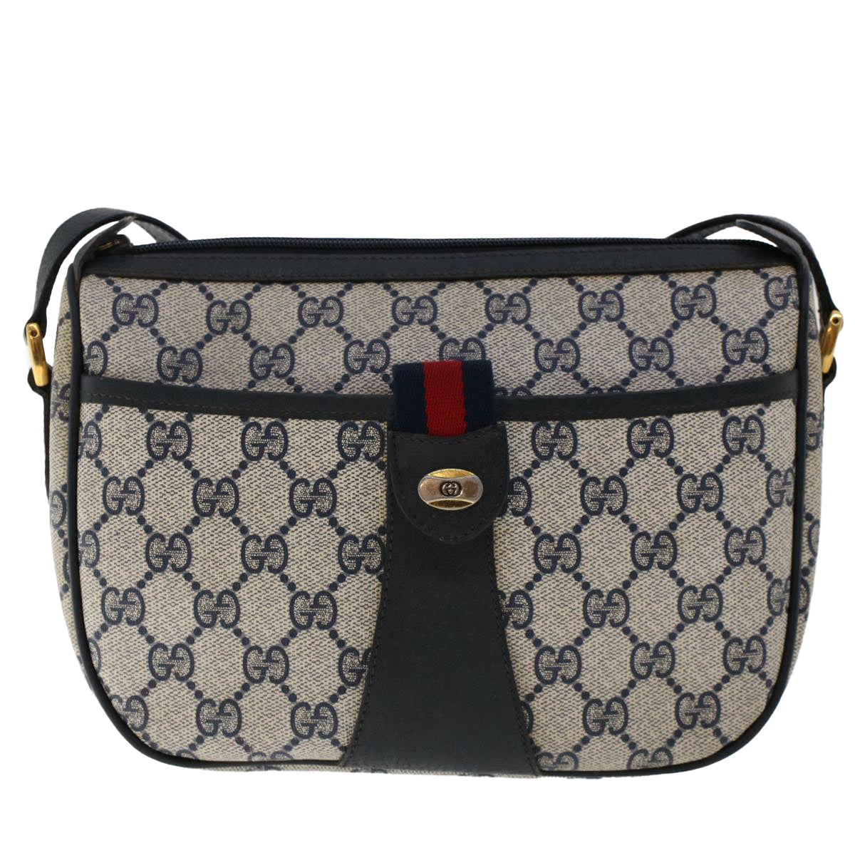 GUCCI GG Canvas Sherry Line Shoulder Bag PVC Leather Navy Red 50566