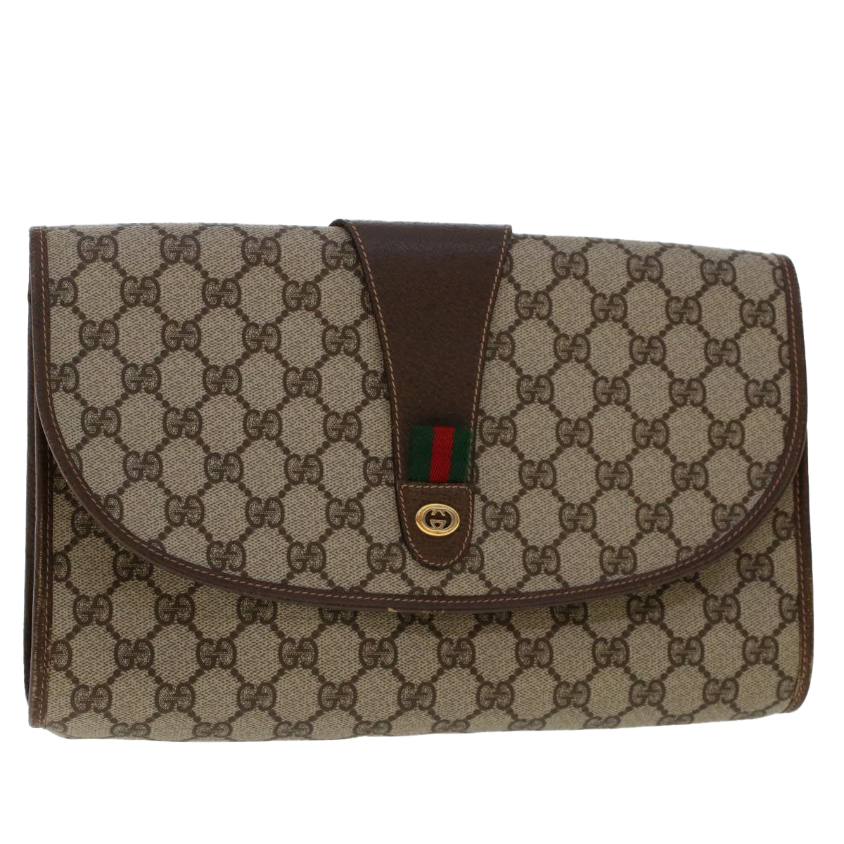 GUCCI GG Canvas Web Sherry Line Clutch Bag PVC Leather Beige Red 50570