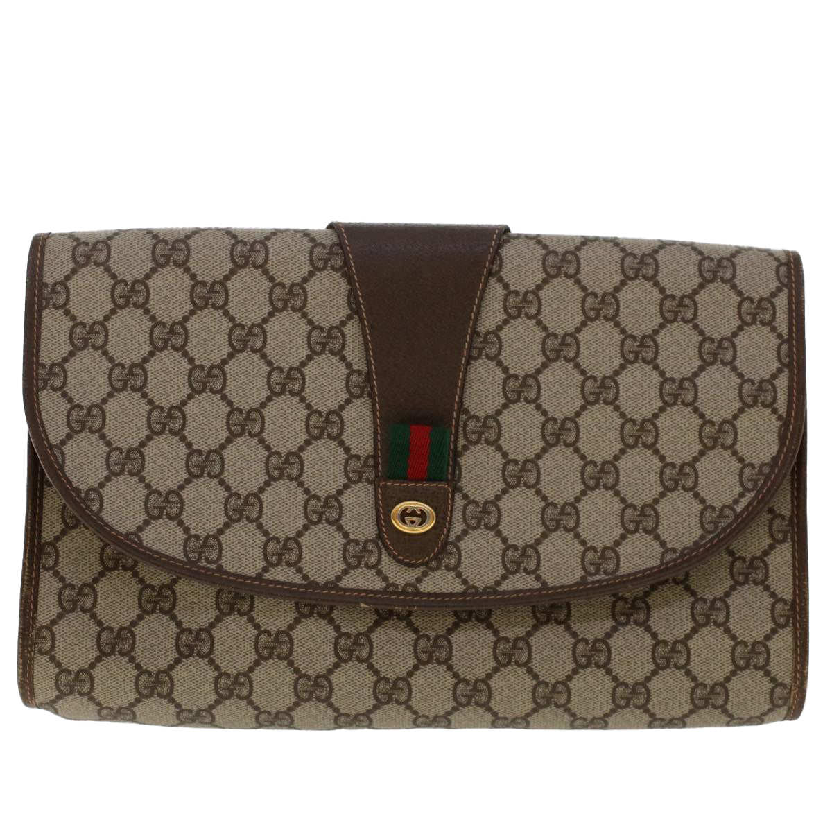 GUCCI GG Canvas Web Sherry Line Clutch Bag PVC Leather Beige Red 50570