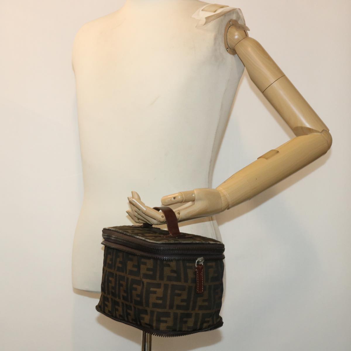 FENDI Zucca Canvas Vanity Cosmetic Pouch Nylon Brown Black 50594