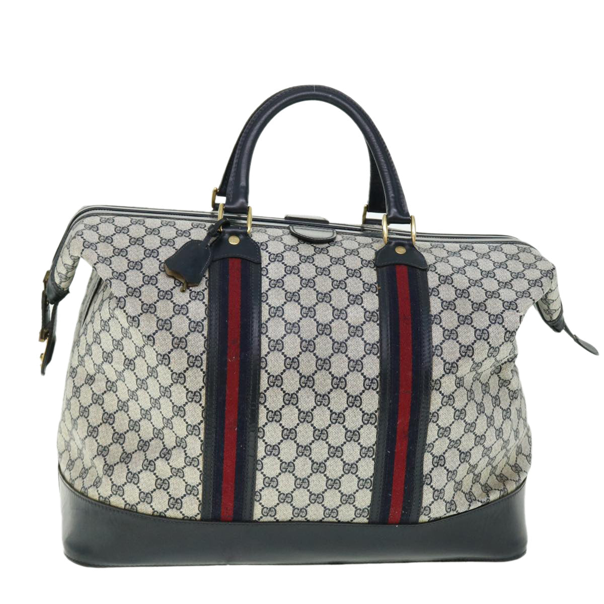 GUCCI GG Canvas Sherry Line Boston Bag PVC Leather Gray Red Navy 50793