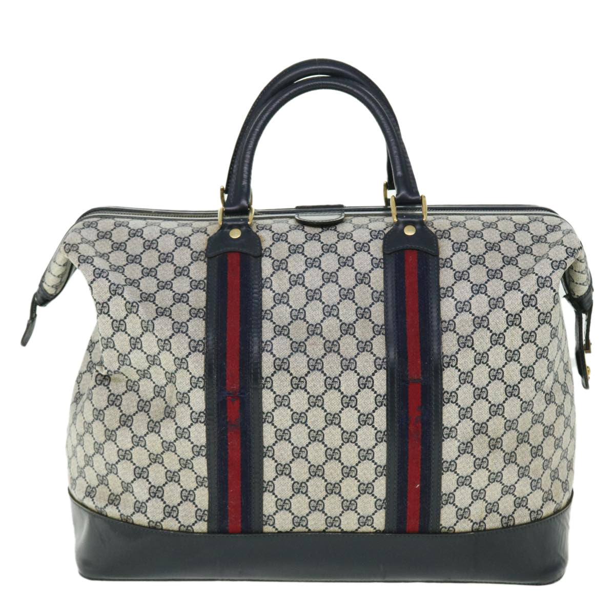GUCCI GG Canvas Sherry Line Boston Bag PVC Leather Gray Red Navy 50793