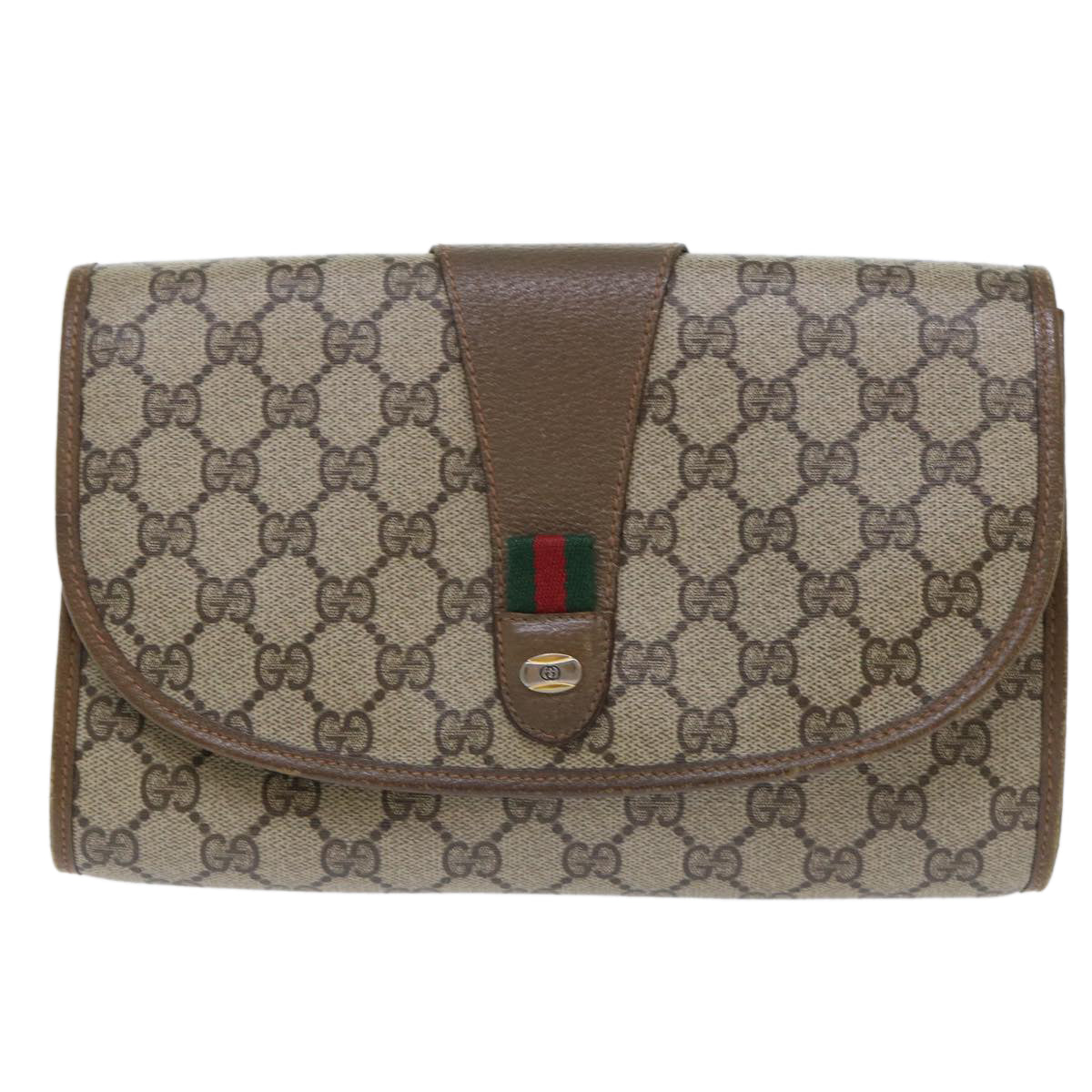 GUCCI GG Canvas Web Sherry Line Clutch Bag PVC Leather Beige Red 50794